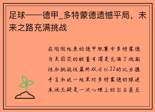 足球——德甲_多特蒙德遗憾平局，未来之路充满挑战