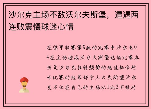 沙尔克主场不敌沃尔夫斯堡，遭遇两连败震慑球迷心情
