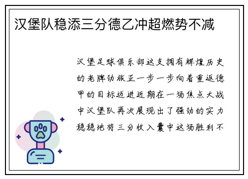 汉堡队稳添三分德乙冲超燃势不减