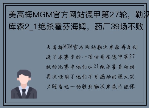 美高梅MGM官方网站德甲第27轮，勒沃库森2_1绝杀霍芬海姆，药厂39场不败13分领跑 - 副本