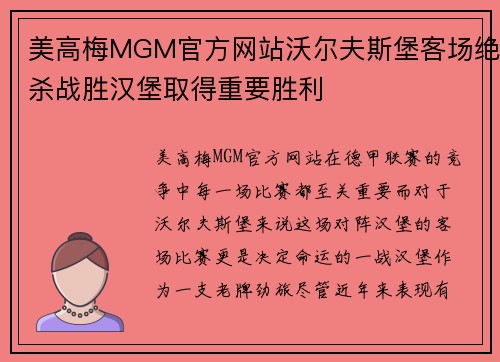 美高梅MGM官方网站沃尔夫斯堡客场绝杀战胜汉堡取得重要胜利