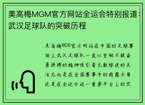 美高梅MGM官方网站全运会特别报道：武汉足球队的突破历程